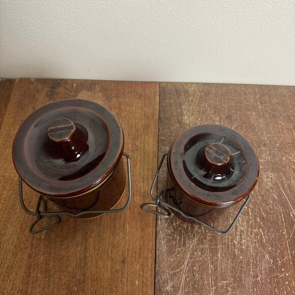 Pair (2) Brown Glazed Stoneware Crock Canisters with Bale hinge Lock lid - Picture 4 of 8